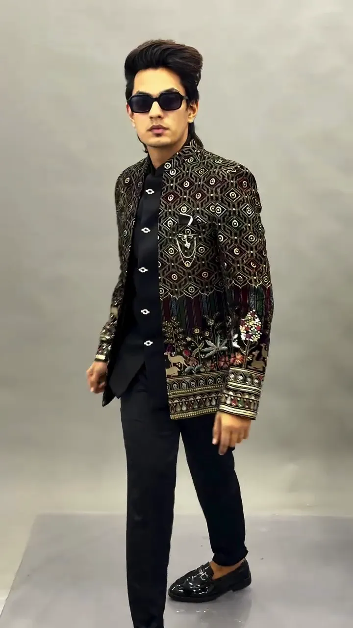 Men Black Velvet Jodhpuri Bandhgala Jacket with Floral Embroidery β Designer Wedding & Party Wear Blazer - Image 3
