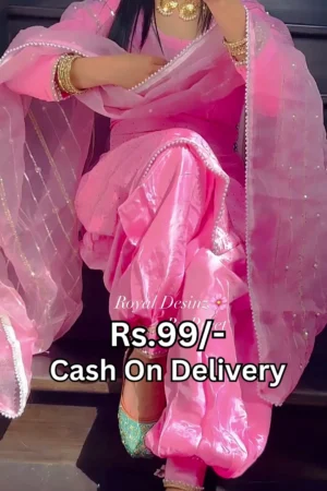 Rose Blush Silk Patiala Suit with Pearl - Bordered Dupatta