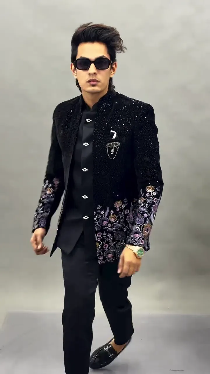 Men Black Velvet Jodhpuri Bandhgala Jacket with Floral Embroidery β Designer Wedding & Party Wear Blazer - Image 5