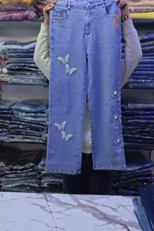 🦋 Light Blue Wide-Leg Denim Jeans for Women – Butterfly & Floral Embroidery with Frayed Hem ✨